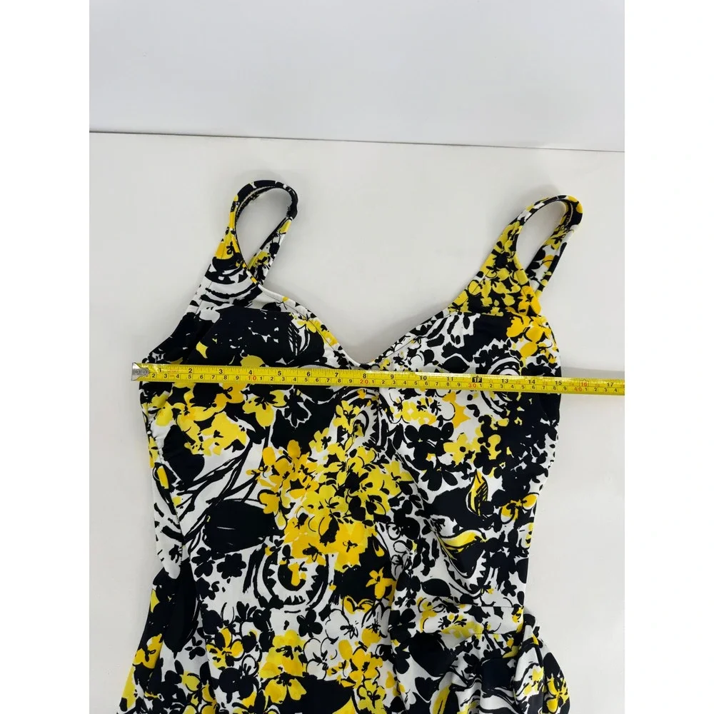 Maxine of Hollywood Womens Sz 16 Yellow Black Floral V-Neck Faux Wrap Swimsuit